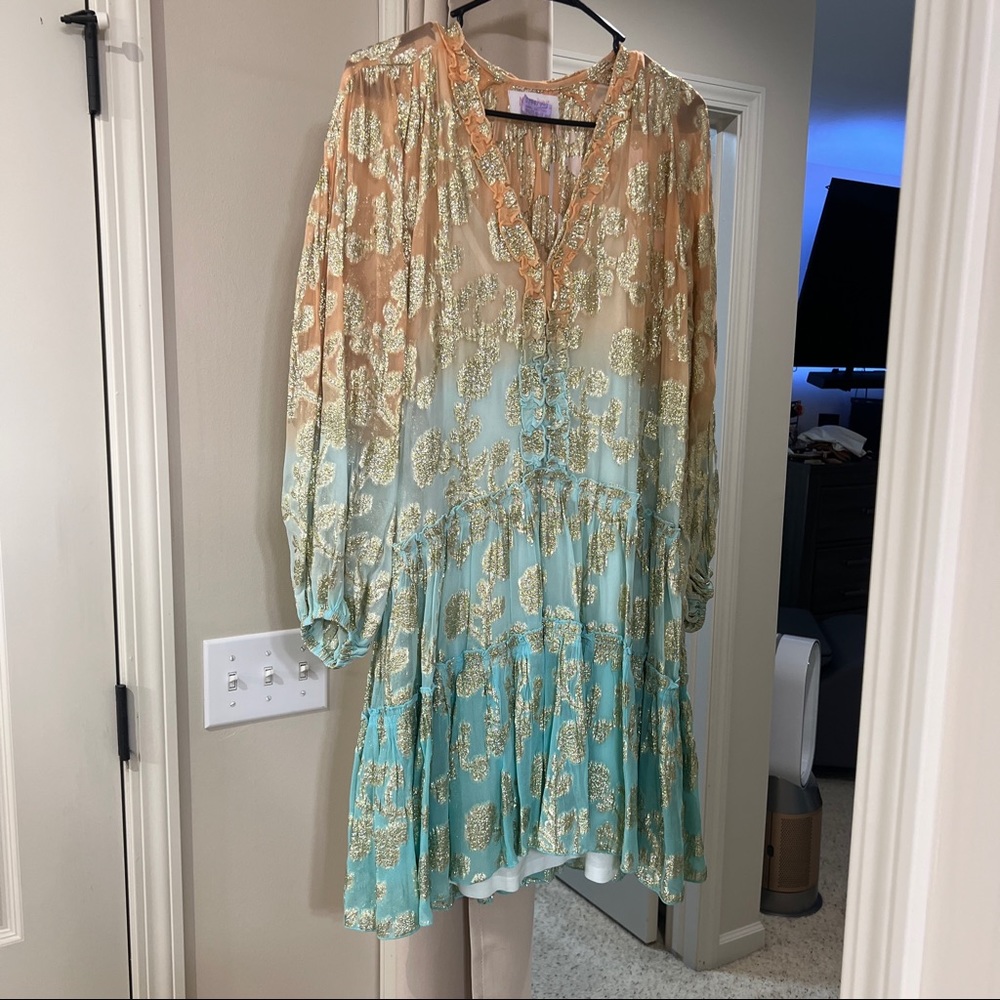 Boho Ombre Floral Tunic Dress in Peach and Aqua
